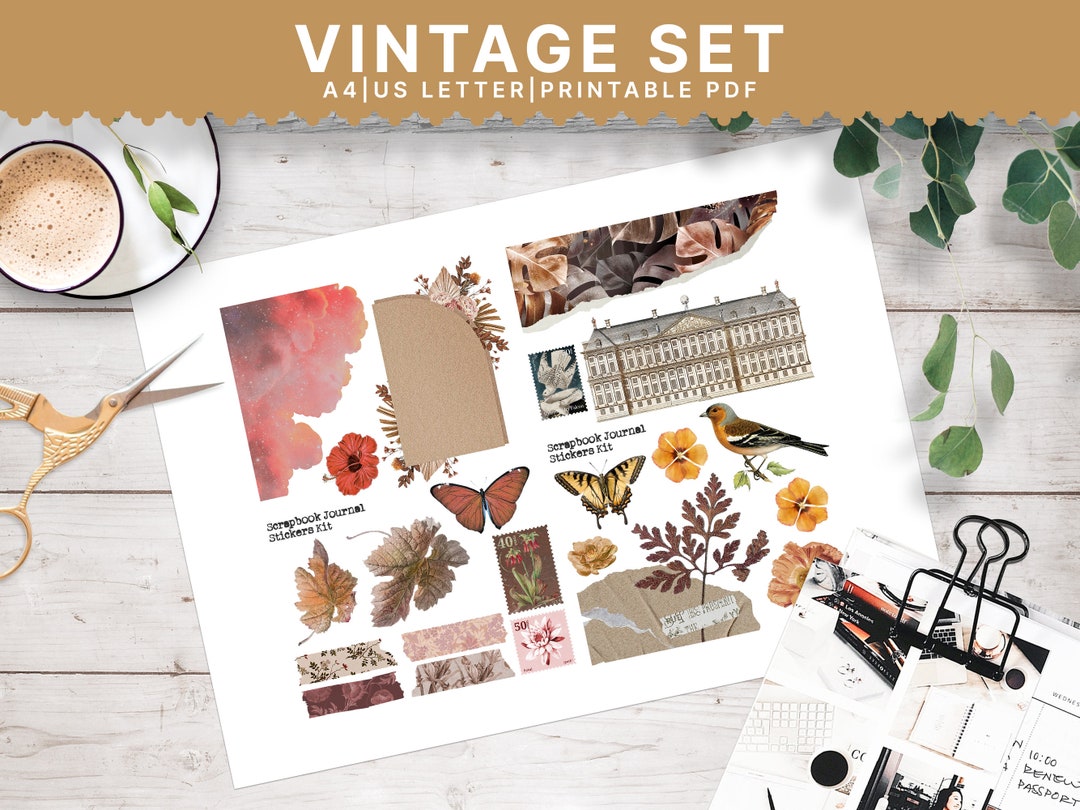 Vintage Aesthetic Printable Stickers for Journals & Scrapbooks Retro Floral Washi, Butterflies, Stamps, and More - Etsy
