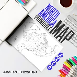 Printable North America Map | Blank Outline North America Map for Coloring, Journals, Homeschool | A5 A4 A3 A1 Sizes |