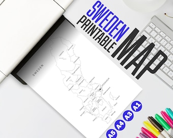 Mappa della Svezia stampabile - Mappa minimalista della Svezia in bianco e nero con regioni - Geografia per bambini, pianificatore di viaggio, istruzione parentale, classe, poster da parete