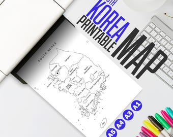 Südkorea druckbare Landkarte - schwarz-weiß minimalistische Landkarte - Korea-Karte für Journals, Planer und Wanddekoration - Größen A5, A4, A3, A1