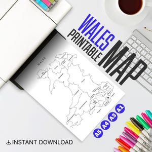 Carte imprimable du Pays de Galles - Carte du Pays de Galles en noir et blanc avec les comtés | Téléchargement instantané PDF | Art mural du Pays de Galles, carte des comtés du Royaume-Uni, enseignement à domicile