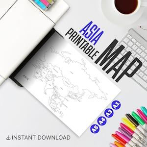 Könnte beinhalten: Eine schwarz-weiße, druckbare Karte von Asien mit Ländergrenzen und Beschriftungen. Die Wörter "ASIA PRINTABLE MAP" sind im Bild enthalten. Das Bild enthält auch die Wörter "INSTANT DOWNLOAD" und die Größenoptionen A5, A4, A3 und A1.