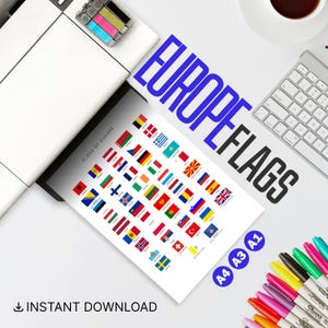 Printable Europe Flags | Digital Download | A4, A3, A1 Sizes | World Printable Flags for Homeschool | Flags of Europe for Travel Journal