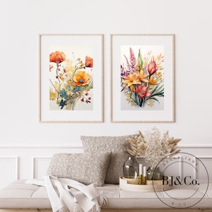 Arte mural botánico digital imprimible en acuarela / Descarga instantánea / Juego de 2 / Arte digital en paleta brillante / Arte floral descargable