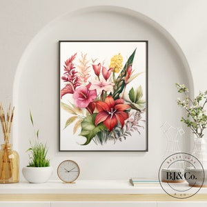Arte mural botánico con acuarela digital imprimible / Descarga instantánea / Arte digital imprimible con paleta brillante / Arte floral descargable