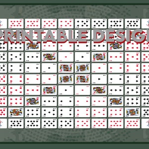 May include: A printable design featuring a full deck of playing cards, including the joker, arranged in a grid pattern. The cards are white with black and red suits and numbers. The text "PRINTABLE DESIGN" is displayed in a 3D style at the top of the image.