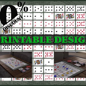 May include: Printable game board design featuring a grid of playing cards with numbers and suits. The board is surrounded by a green border with the text "PRINTABLE DESIGN" in large green letters. A 20% off discount is shown in the top left corner.