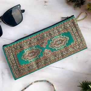 Green slim pen case, Fabric pencil case with kilim prints, Green pencil case, Cute pencil pouch with carpet design, Small zipper pouch