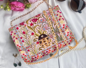 Handwoven Floral Embroidered Bag, Vegan Leather Crossbody with Chain