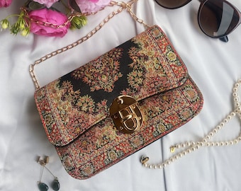 Handwoven Turkish Carpet Bag, Vegan Leather Mini Sling, Prom Purse