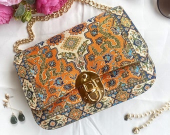 Handwoven Kilim Tapestry Crossbody Bag, Orange Carpet Purse