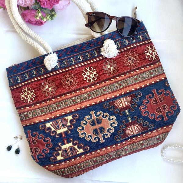 Persian carpet bag, Handwoven boho beach bag, Cute beach bag with zipper, Laptop tote, Embroidered tote, Tote bag pattern, Fabric bag