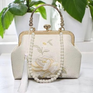 Retro Bestickte Stofftasche mit Blumendrucken, Stofftasche aus Satin, Handgewebte Antike Tasche mit Quaste, Gobelin Tasche, Weisse Tasche