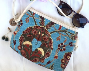 Sac tissé en tissu Tilda, sac de tapisserie turquoise, sac de tapis, modèle de sac Sling femmes, sac Hobo crossbody, Mini sac crossbody, sac floral