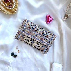 Ethnic wallet, Novelty purse, Small handcrafted wallet, Blue gold mini vegan leather wallet, , Unique women wallet small, Slim girls wallet