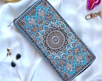 Turquoise fabric tapestry wallet, Blue cloth wallet women, Kilim hobo purse, Boho zip around wallet, Bohemian zip wallet, Wallet pattern