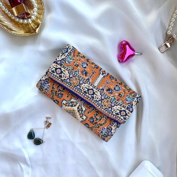Slim travel photo wallet, Orange wallet, Womens fabric vegan wallet, Ethnic handcrafted wallet, Mini boho wallet, Small tapestry wallet