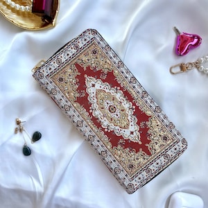 Cartera boho delgada para mujer, Cartera porta tarjetas, Cartera de oro rojo colorido, Cartera tejida larga para mujer, Cartera vegana con cremallera alrededor, Cartera para mujer