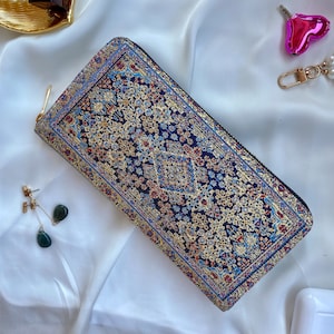 Marineblaue Gobelin Geldbörse, Teppich Gobelin Brieftasche, Ethnische Stoff Brieftasche, niedliche Kartenhalter Brieftasche, Reise-Reißverschluss-Brieftasche, türkische handgefertigte Brieftasche