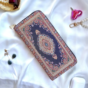 Black wallet with ethnic prints, Ladies zip around wallet, Cute embroidered wallet, Cloth woven wallet, Slim vegan wallet women, Zip wallet