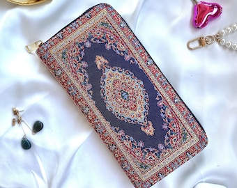 Black wallet with ethnic prints, Ladies zip around wallet, Cute embroidered wallet, Cloth woven wallet, Slim vegan wallet women, Zip wallet
