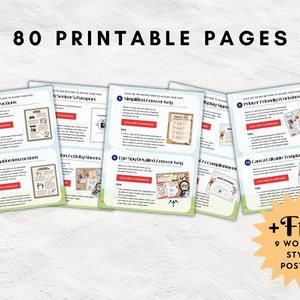 May include: A collection of printable pages with the text "80 PRINTABLE PAGES" at the top. The pages are arranged in a fan shape, with titles like "Setup Instructions" and "Simplified Answer Key." The image also includes "+Free 9 WORSHIP STYLE POSTERS."