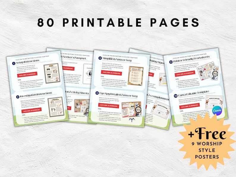 May include: A collection of printable pages with the text "80 PRINTABLE PAGES" at the top. The pages are arranged in a fan shape, with titles like "Setup Instructions" and "Simplified Answer Key." The image also includes "+Free 9 WORSHIP STYLE POSTERS."