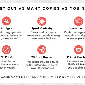 May include: White printable game with red icons and text. Features include "All Ages", "Spark Curiosity", "Versatile Use", "No Prep!", "20 Card Games", and "Print & Use Today". The game can be played an unlimited number of times.