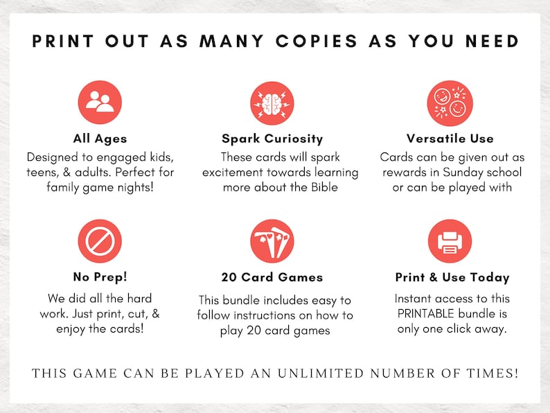 May include: White printable game with red icons and text. Features include "All Ages", "Spark Curiosity", "Versatile Use", "No Prep!", "20 Card Games", and "Print & Use Today". The game can be played an unlimited number of times.