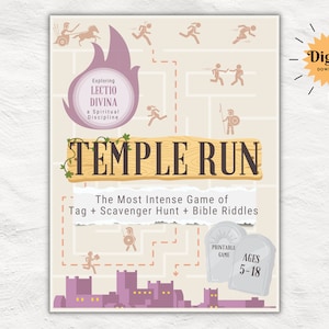 May include: A printable game called "Temple Run" with a beige background and a pink flame. The game is described as "The Most Intense Game of Tag + Scavenger Hunt + Bible Riddles". The game is for ages 5-18 and is a printable game.