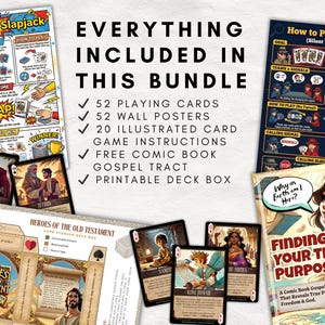 May include: A bundle of card games and educational materials. Includes playing cards, posters, illustrated cards, game instructions, a comic book, a gospel tract, and a printable deck box. The games feature illustrations and text.