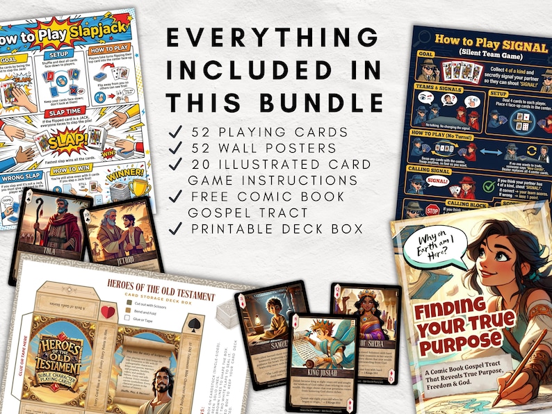 May include: A bundle of card games and educational materials. Includes playing cards, posters, illustrated cards, game instructions, a comic book, a gospel tract, and a printable deck box. The games feature illustrations and text.