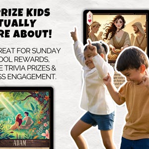 May include: Image features two children dancing with playing cards in the background. The cards have illustrations of biblical scenes. Text on the image reads "A Prize Kids Actually Care About!" and "Great for Sunday School Rewards, Bible Trivia Prizes & Class Engagement."