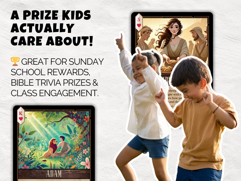 May include: Image features two children dancing with playing cards in the background. The cards have illustrations of biblical scenes. Text on the image reads "A Prize Kids Actually Care About!" and "Great for Sunday School Rewards, Bible Trivia Prizes & Class Engagement."