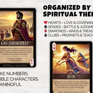 May include: Two playing cards with illustrations of biblical figures. One card features King Jehoshaphat, the other card features Ruth. Text on the cards includes "Organized by Spiritual Themes" and "Make Numbers & Bible Characters Meaningful."