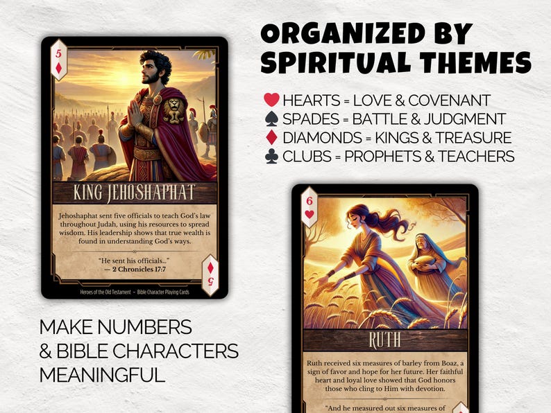 May include: Two playing cards with illustrations of biblical figures. One card features King Jehoshaphat, the other card features Ruth. Text on the cards includes "Organized by Spiritual Themes" and "Make Numbers & Bible Characters Meaningful."