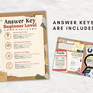 May include: Two-page beginner-level answer key with clues and Bible passages for a game. The text "Answer Keys Are Included!" is displayed. The answer key includes clues, Bible passages, and suspect names for various missions.