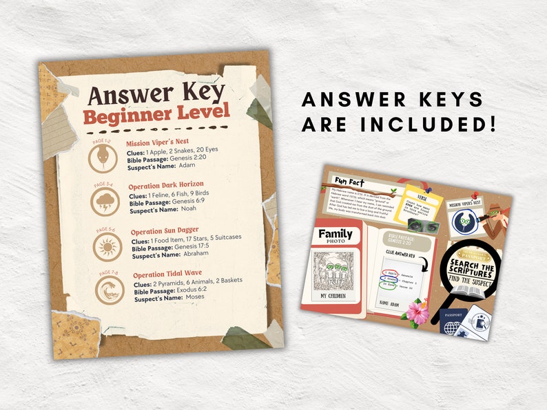 May include: Two-page beginner-level answer key with clues and Bible passages for a game. The text "Answer Keys Are Included!" is displayed. The answer key includes clues, Bible passages, and suspect names for various missions.
