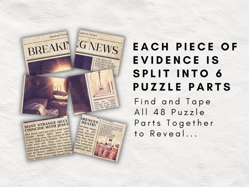 May include: A vintage-style newspaper puzzle with the headline "BREAKING NEWS" and the text "EACH PIECE OF EVIDENCE IS SPLIT INTO 6 PUZZLE PARTS. Find and Tape All 48 Puzzle Parts Together to Reveal..."