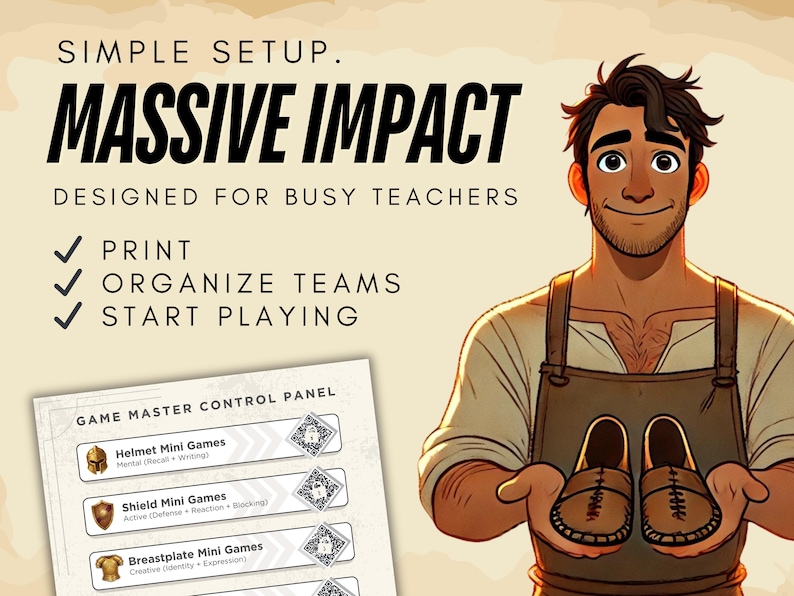 May include: An illustrated image with the text "SIMPLE SETUP. MASSIVE IMPACT DESIGNED FOR BUSY TEACHERS." A smiling person holds two brown leather shoes. The image also includes a game master control panel with game options.