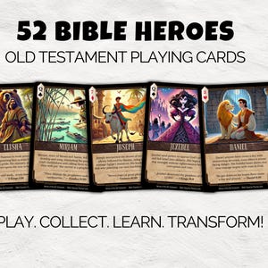 May include: A set of 52 Bible Heroes Old Testament playing cards. Each card features a different biblical figure with an illustration and text. The cards are displayed with the words "PLAY. COLLECT. LEARN. TRANSFORM!" at the bottom.