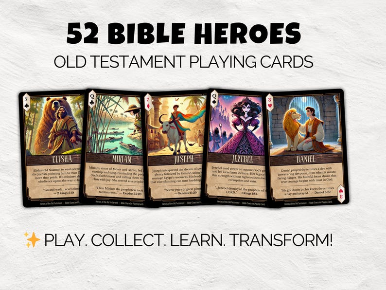 May include: A set of 52 Bible Heroes Old Testament playing cards. Each card features a different biblical figure with an illustration and text. The cards are displayed with the words "PLAY. COLLECT. LEARN. TRANSFORM!" at the bottom.
