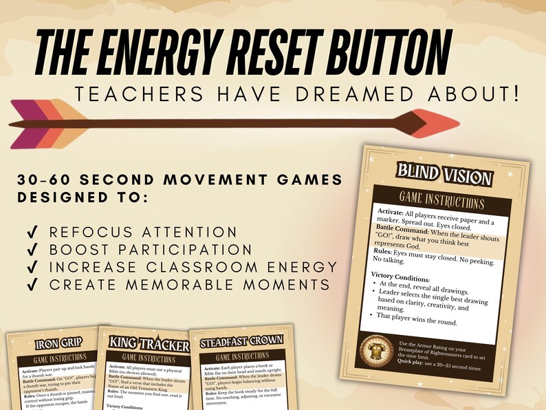 May include: An educational poster with the text "The Energy Reset Button" and an arrow graphic. It lists benefits like refocusing attention and boosting participation. Includes game instruction cards for "Blind Vision", "Iron Grip", "King Tracker", and "Steadfast Crown".