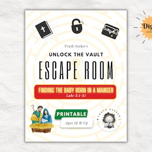 Puede incluir: Juego de escape room imprimible para mayores de 12 años. El juego está ambientado en la historia del nacimiento de Jesús en un pesebre. El juego incluye un laberinto, un candado, un cofre del tesoro y una Biblia. El juego se titula "Truth Seeker's Unlock the Vault Escape Room: Finding the Baby Born in a Manger, Luke 2:1-21".
