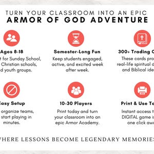 May include: White background with text: "TURN YOUR CLASSROOM INTO AN EPIC ARMOR OF GOD ADVENTURE." Includes icons and text describing the game's features: Ages 8-18, Semester-Long Fun, 300+ Trading Cards, Easy Setup, 10-30 Players, and Print & Use Today.
