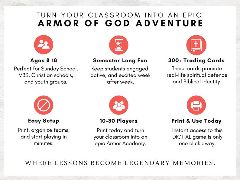 May include: White background with text: "TURN YOUR CLASSROOM INTO AN EPIC ARMOR OF GOD ADVENTURE." Includes icons and text describing the game's features: Ages 8-18, Semester-Long Fun, 300+ Trading Cards, Easy Setup, 10-30 Players, and Print & Use Today.