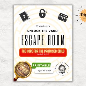 May include: A digital printable escape room game titled "Unlock the Vault: Escape Room." The design features a maze background, with illustrations of a book, lock, and treasure chest. The theme is "The Hope for the Promised Child" for ages 12 and up.