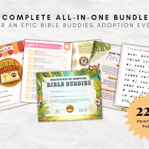 May include: A printable bundle for a Bible Buddies adoption event. The bundle includes 220 pages of activities, games, and certificates for children ages 5-13. The pages feature colorful illustrations of animals and Bible verses.