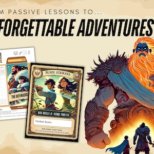 May include: An illustrated image promoting a game with the text "FROM PASSIVE LESSONS TO... UNFORGETTABLE ADVENTURES." The image features game cards, character illustrations, and a large fantasy figure with orange hair and a blue face. The game cards have text like "BLADE STRIKERS."