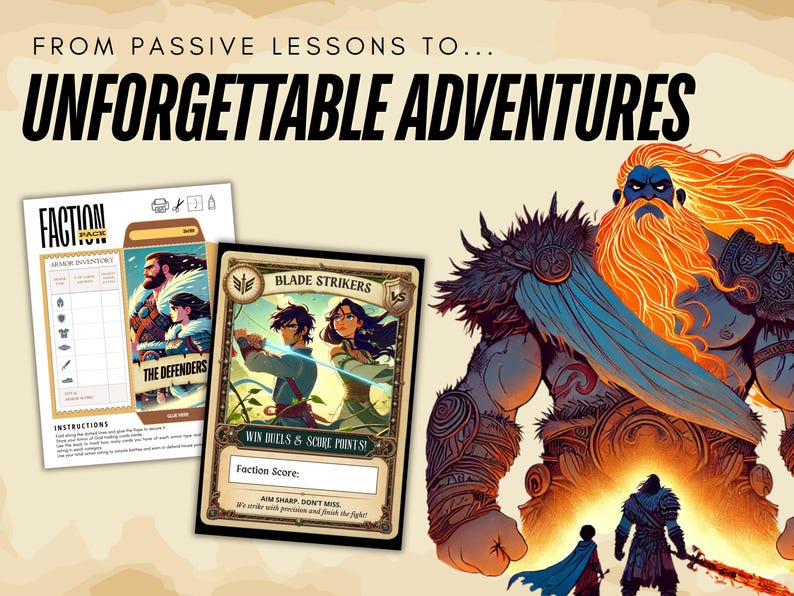 May include: An illustrated image promoting a game with the text "FROM PASSIVE LESSONS TO... UNFORGETTABLE ADVENTURES." The image features game cards, character illustrations, and a large fantasy figure with orange hair and a blue face. The game cards have text like "BLADE STRIKERS."
